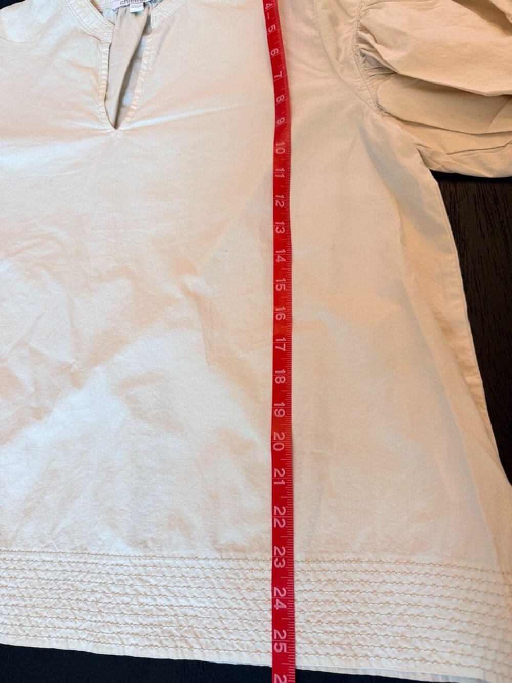 Chico's Sand Beige 100% Cotton Puff Sleeve V-Neck Blouse Top 2 L 12 - Picture 7 of 8